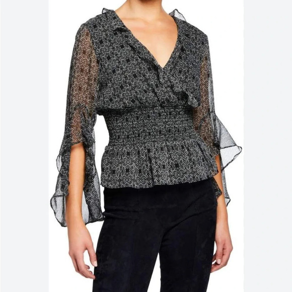 Max Studio Ruffle Trim Chiffon Top with Smocking and Geometric Print Size M - Picture 2 of 8